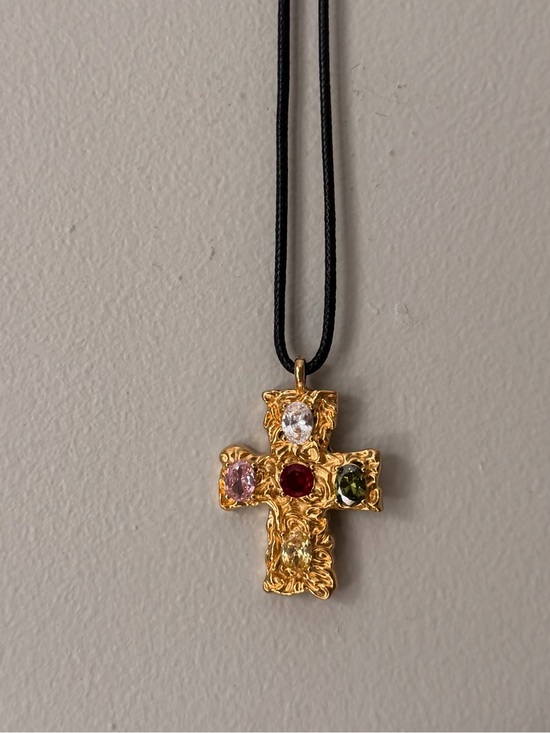 Jewelry - Gold Cross Pendant Necklace with Multicolor Gemstones